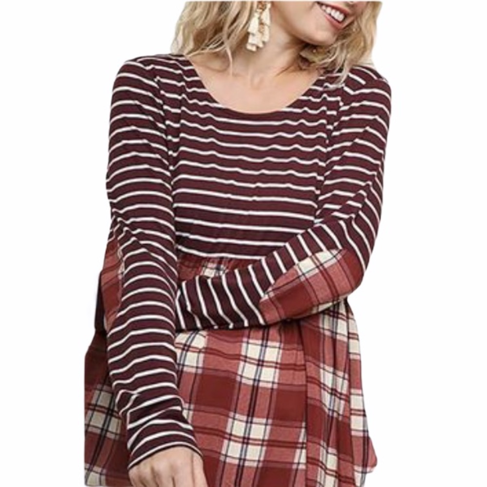 Umgee Plaid and Striped Long Sleeve Too